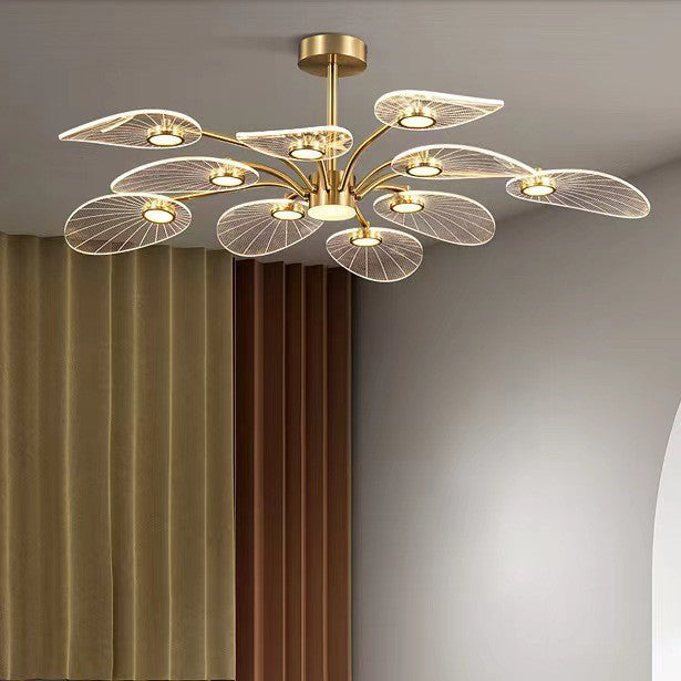 Zeitgenössische Luxus Acryl Blätter Textur Schatten Goldene Finish Rahmen LED Kronleuchter Für Wohnzimmer 