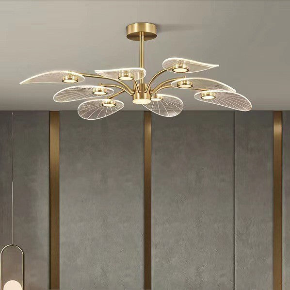 Zeitgenössische Luxus Acryl Blätter Textur Schatten Goldene Finish Rahmen LED Kronleuchter Für Wohnzimmer 