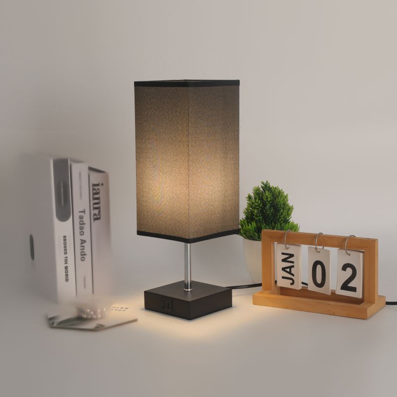 Contemporary Simplicity Fabric Cuboid Shade Hardware Base 1-Light Table Lamp For Bedroom