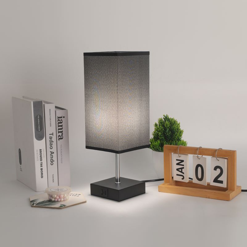 Contemporary Simplicity Fabric Cuboid Shade Hardware Base 1-Light Table Lamp For Bedroom