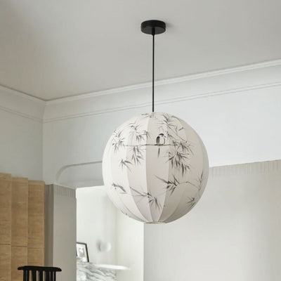 Traditional Japanese Hand-Painted Bamboo Bird Pattern Fabric Round Shade 1-Light Pendant Light For Dining Room