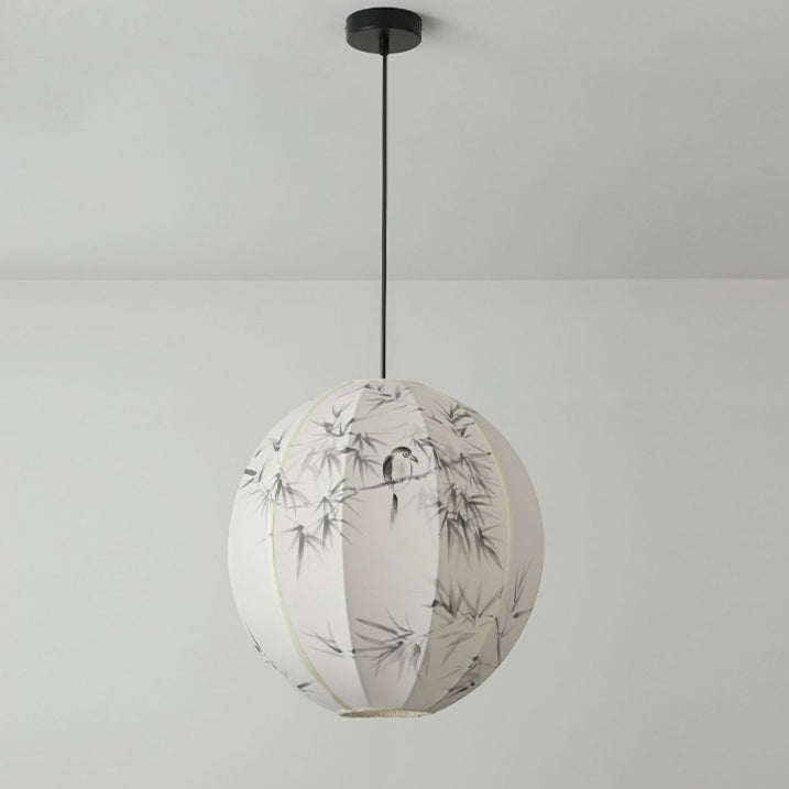 Traditional Japanese Hand-Painted Bamboo Bird Pattern Fabric Round Shade 1-Light Pendant Light For Dining Room