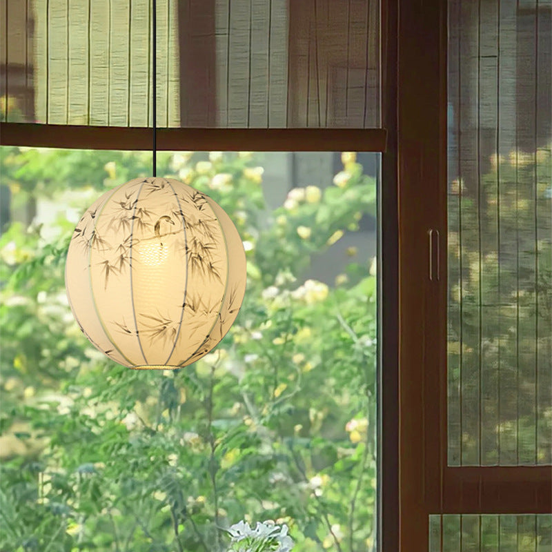 Traditional Japanese Hand-Painted Bamboo Bird Pattern Fabric Round Shade 1-Light Pendant Light For Dining Room