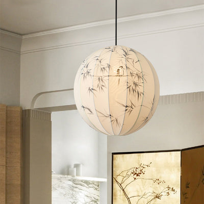 Traditional Japanese Hand-Painted Bamboo Bird Pattern Fabric Round Shade 1-Light Pendant Light For Dining Room