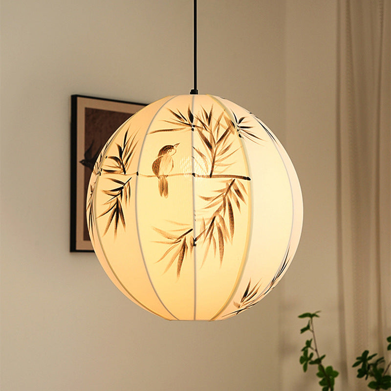 Traditional Japanese Hand-Painted Bamboo Bird Pattern Fabric Round Shade 1-Light Pendant Light For Dining Room