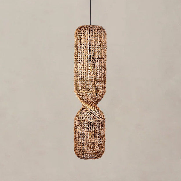 Traditional Japanese Chinoiserie Knob Cylindrical Rattan Weaving 1-Light Pendant Light For Entertainment Rooms