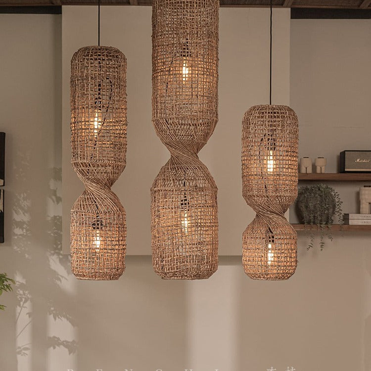 Traditional Japanese Chinoiserie Knob Cylindrical Rattan Weaving 1-Light Pendant Light For Entertainment Rooms