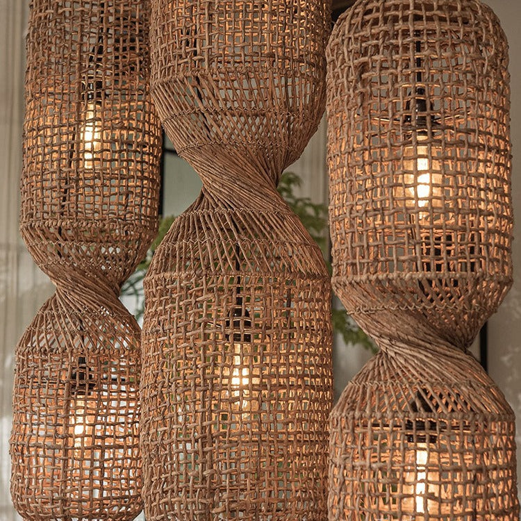 Traditional Japanese Chinoiserie Knob Cylindrical Rattan Weaving 1-Light Pendant Light For Entertainment Rooms