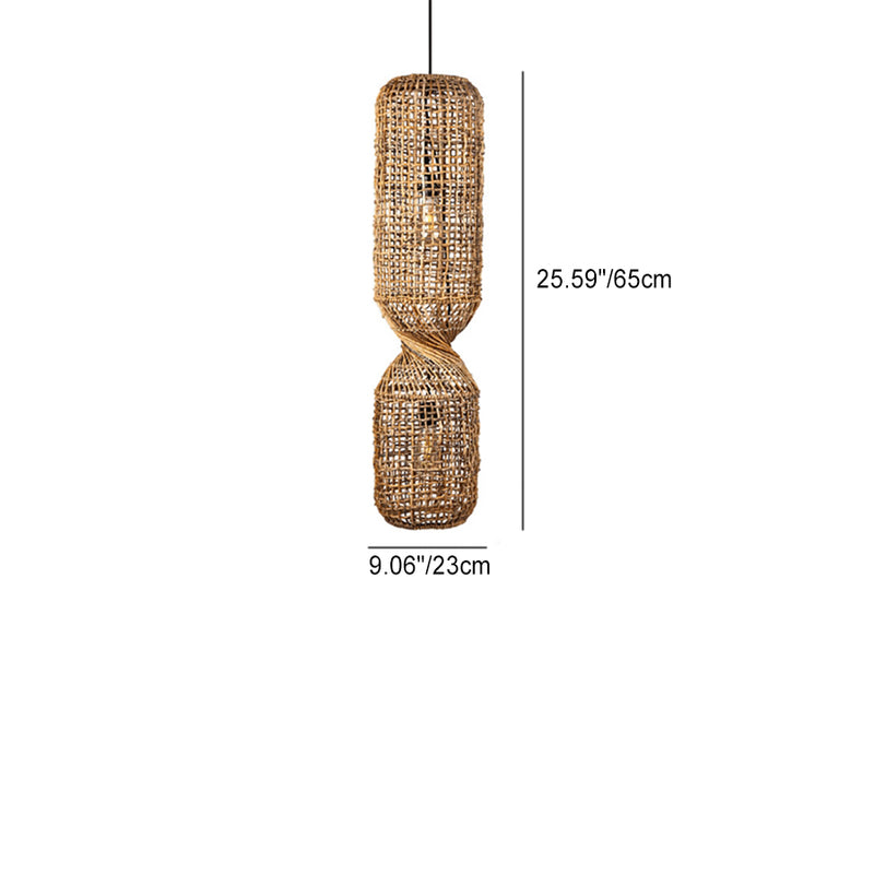 Traditional Japanese Chinoiserie Knob Cylindrical Rattan Weaving 1-Light Pendant Light For Entertainment Rooms