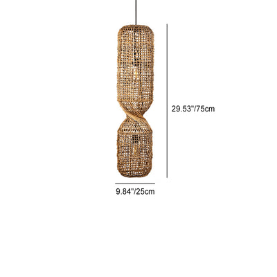 Traditional Japanese Chinoiserie Knob Cylindrical Rattan Weaving 1-Light Pendant Light For Entertainment Rooms