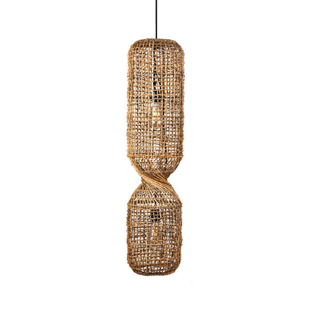 Traditional Japanese Chinoiserie Knob Cylindrical Rattan Weaving 1-Light Pendant Light For Entertainment Rooms