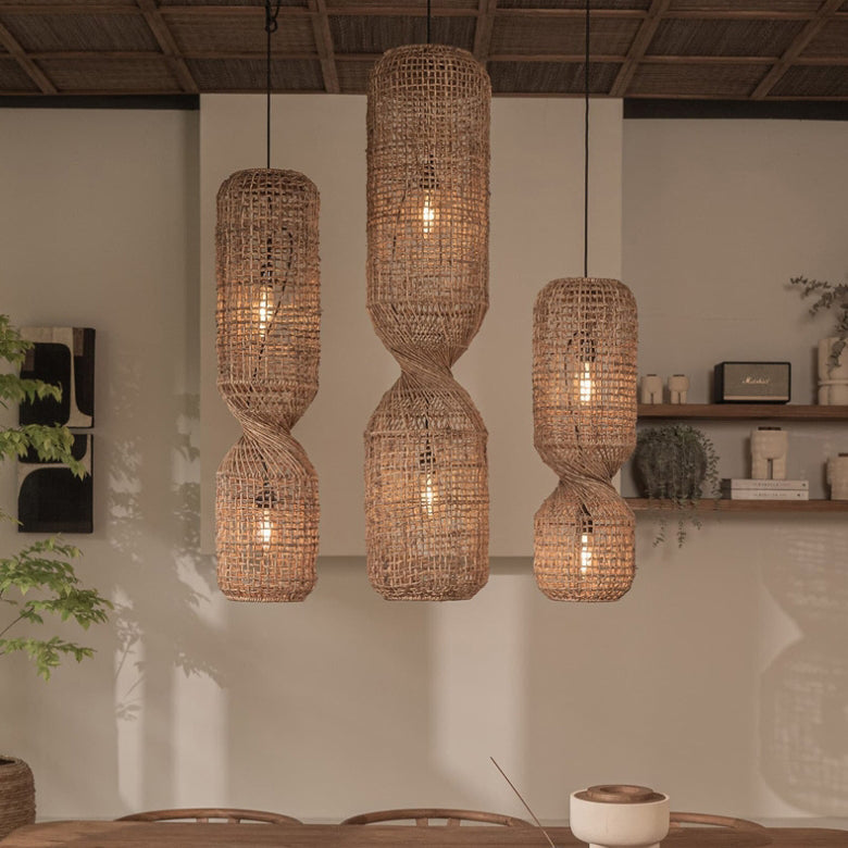 Traditional Japanese Chinoiserie Knob Cylindrical Rattan Weaving 1-Light Pendant Light For Entertainment Rooms