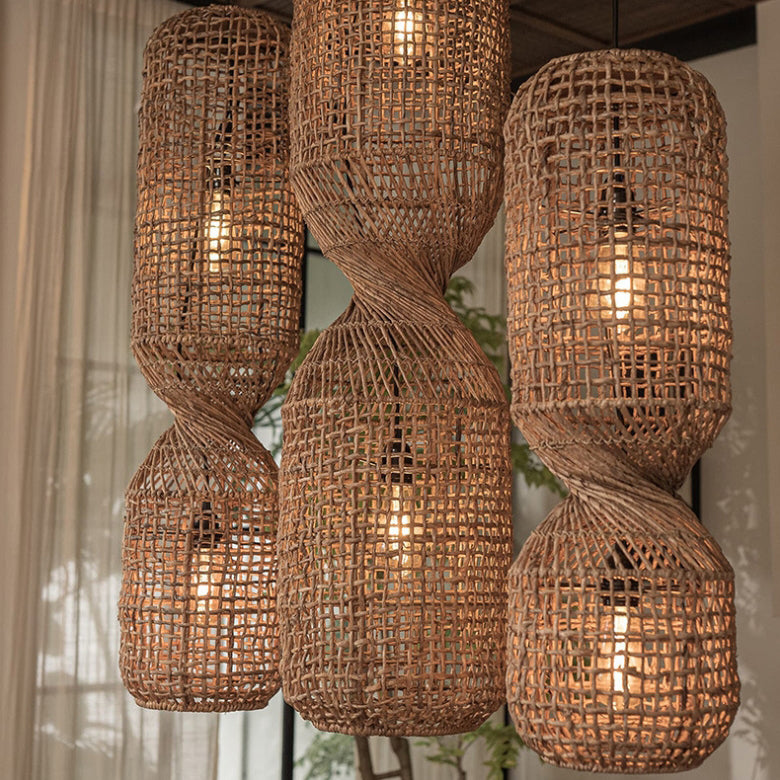 Traditional Japanese Chinoiserie Knob Cylindrical Rattan Weaving 1-Light Pendant Light For Entertainment Rooms