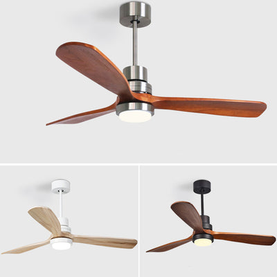 Contemporary Retro Round Glass Shade Solid Wood Fan Blade LED Downrod Ceiling Fan Light For Bedroom