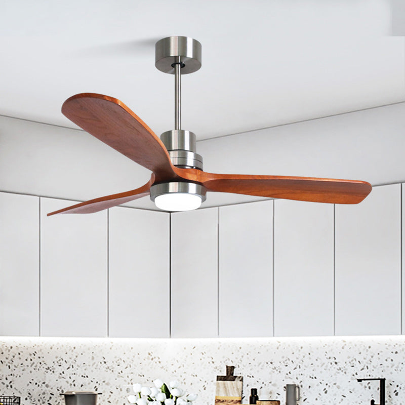 Contemporary Retro Round Glass Shade Solid Wood Fan Blade LED Downrod Ceiling Fan Light For Bedroom