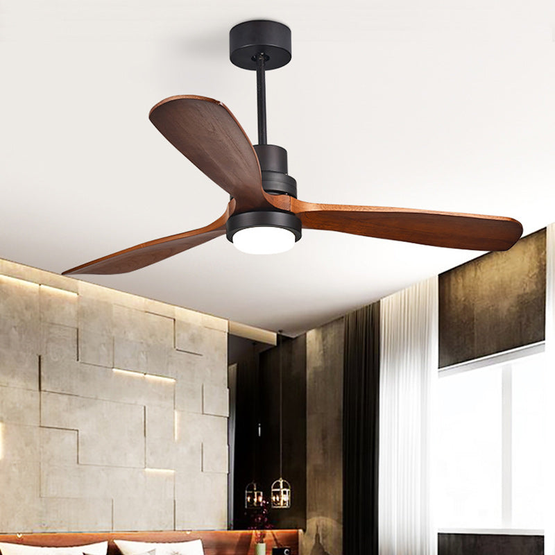 Contemporary Retro Round Glass Shade Solid Wood Fan Blade LED Downrod Ceiling Fan Light For Bedroom