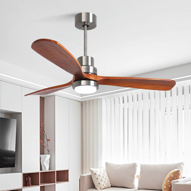 Contemporary Retro Round Glass Shade Solid Wood Fan Blade LED Downrod Ceiling Fan Light For Bedroom