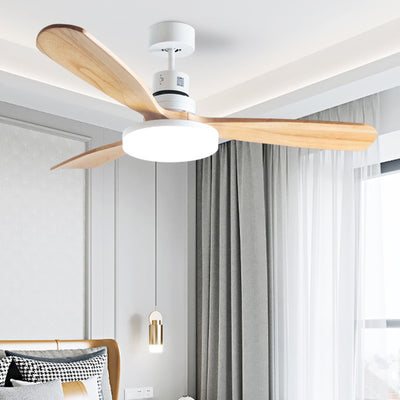 Contemporary Retro Round Glass Shade Solid Wood Fan Blade LED Downrod Ceiling Fan Light For Bedroom