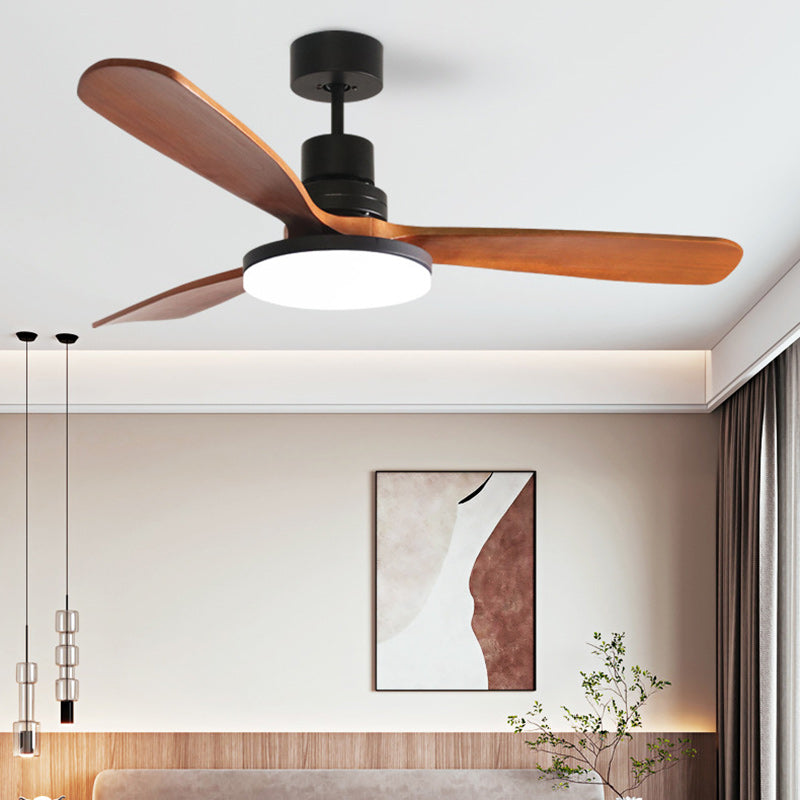 Contemporary Retro Round Glass Shade Solid Wood Fan Blade LED Downrod Ceiling Fan Light For Bedroom