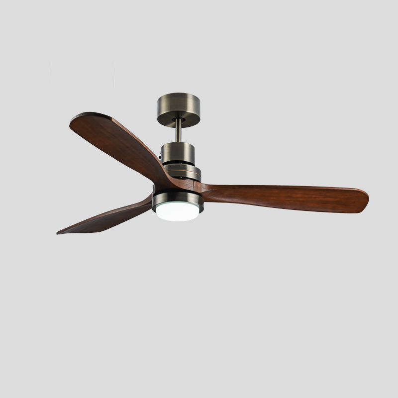 Contemporary Retro Round Glass Shade Solid Wood Fan Blade LED Downrod Ceiling Fan Light For Bedroom