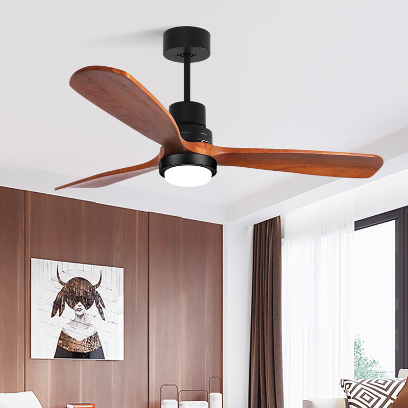 Contemporary Retro Round Glass Shade Solid Wood Fan Blade LED Downrod Ceiling Fan Light For Bedroom