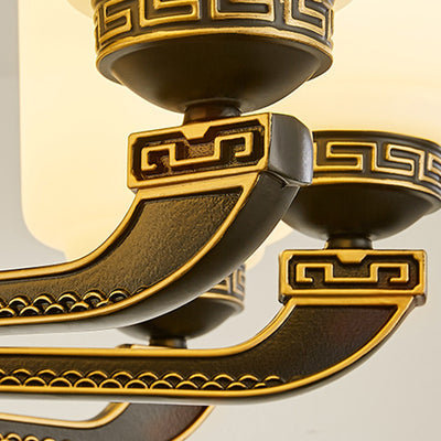 Traditional Chinese Jade Decor Glass Cylinder Shade Zinc Alloy 6-Light Downrod Ceiling Fan Light For Living Room