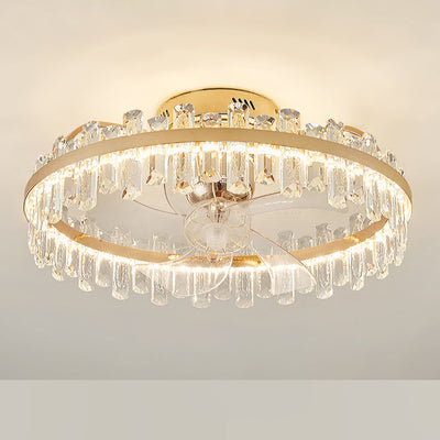 Modern Luxury Round Crystal ABS Fan Blade LED Semi-Flush Mount Ceiling Fan Light Living Room