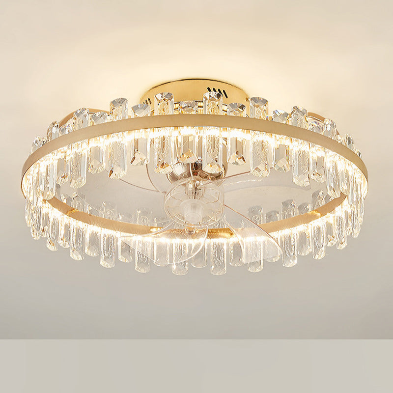 Modern Luxury Round Crystal ABS Fan Blade LED Semi-Flush Mount Ceiling Fan Light Living Room