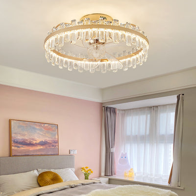 Modern Luxury Round Crystal ABS Fan Blade LED Semi-Flush Mount Ceiling Fan Light Living Room