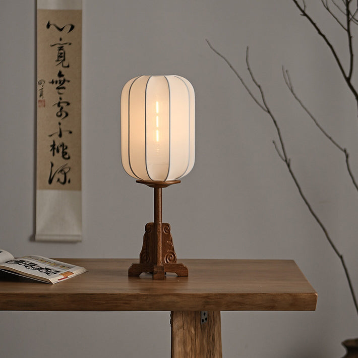 Traditional Japanese Fabric Cylinder Shade Wood Base 1-Light Table Lamp For Bedroom