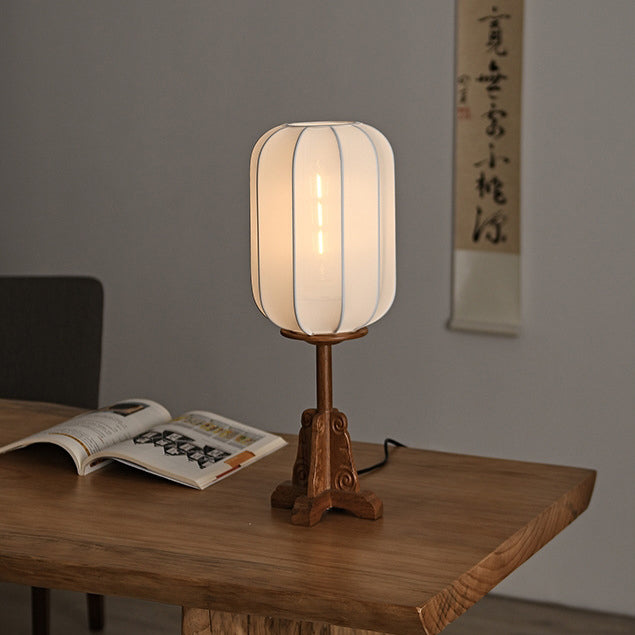 Traditional Japanese Fabric Cylinder Shade Wood Base 1-Light Table Lamp For Bedroom