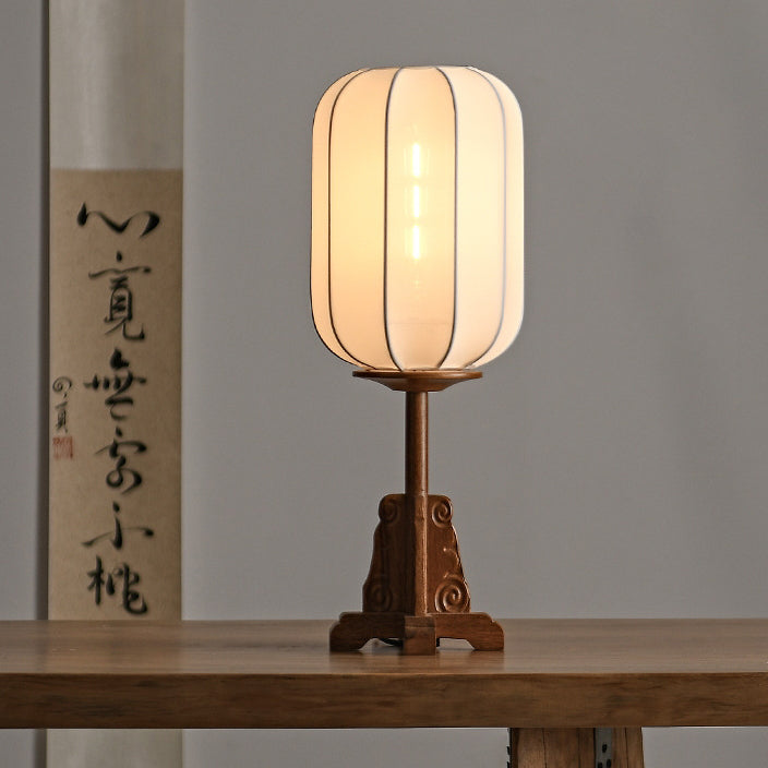 Traditional Japanese Fabric Cylinder Shade Wood Base 1-Light Table Lamp For Bedroom