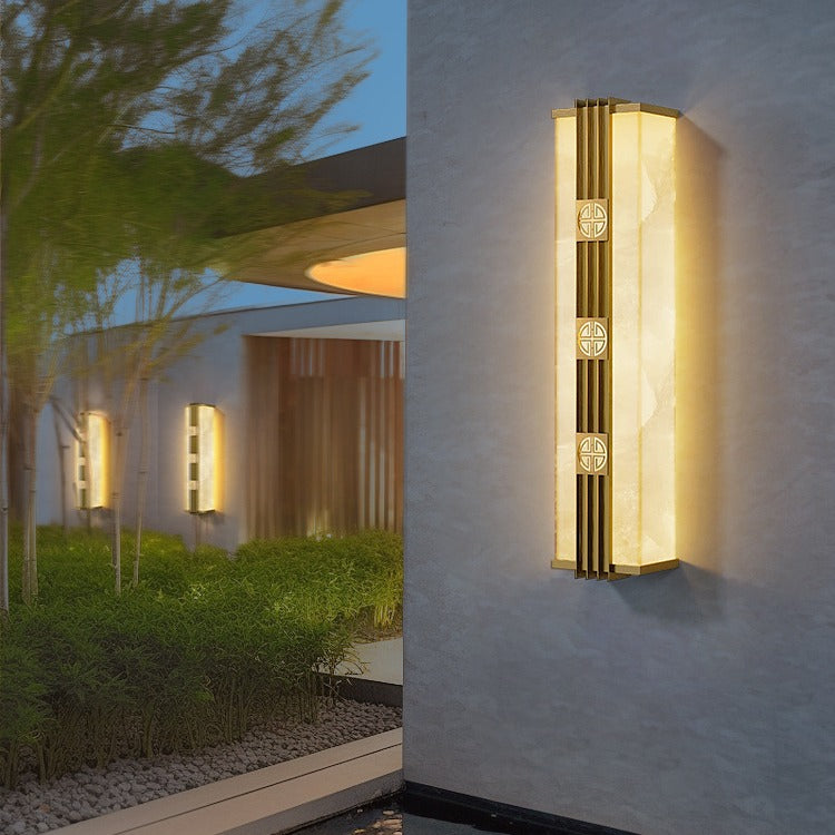 Contemporary Luxury Brass Imitation Marble Shade Cuboid LED Solar Outdoor Wall Sconce Lamp For Garden