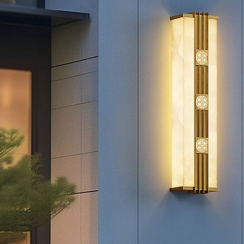 Contemporary Luxury Brass Imitation Marble Shade Cuboid LED Solar Outdoor Wall Sconce Lamp For Garden