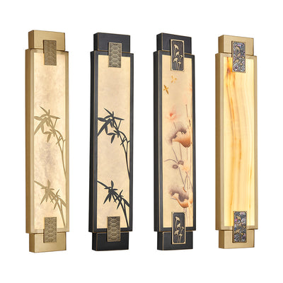 Traditional Chinese Rectangle Full Copper Bamboo Lotus Pattern Marble Shade LED Waterproof Wall Sconce Lamp For Hallway