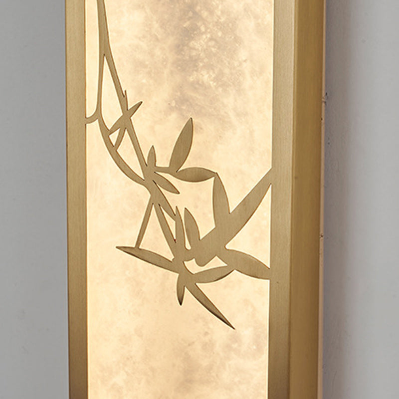 Traditional Chinese Rectangle Full Copper Bamboo Lotus Pattern Marble Shade LED Waterproof Wall Sconce Lamp For Hallway