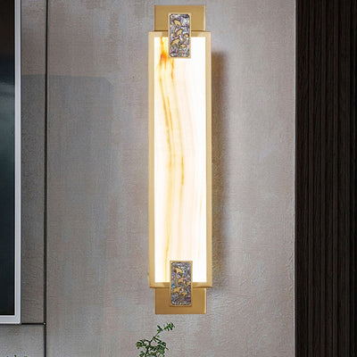 Traditional Chinese Rectangle Full Copper Bamboo Lotus Pattern Marble Shade LED Waterproof Wall Sconce Lamp For Hallway