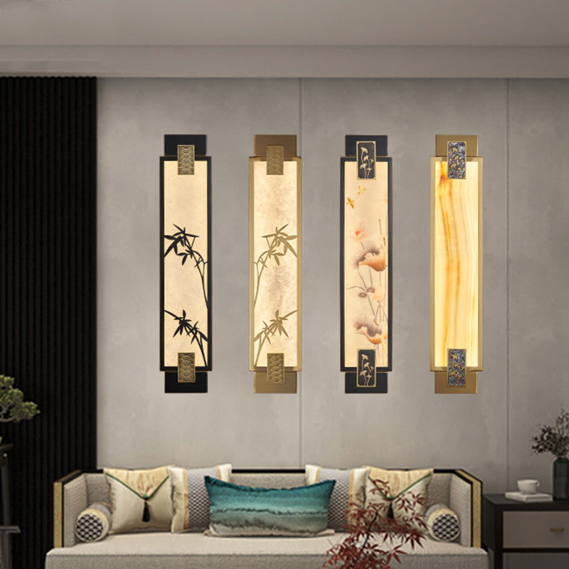 Traditional Chinese Rectangle Full Copper Bamboo Lotus Pattern Marble Shade LED Waterproof Wall Sconce Lamp For Hallway