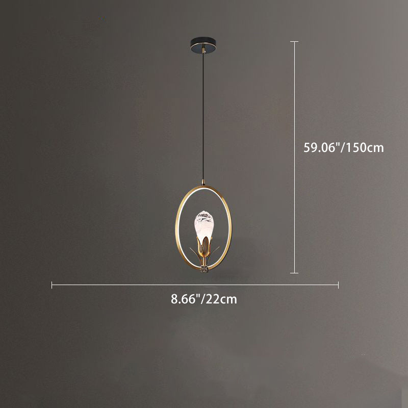 Modern Luxury Oval Copper Ring Crystal Stone LED Pendant Light For Living Room