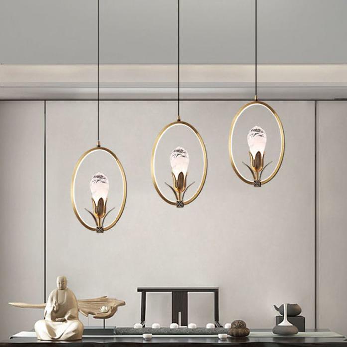 Modern Luxury Oval Copper Ring Crystal Stone LED Pendant Light For Living Room