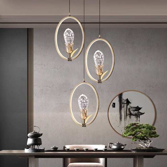 Modern Luxury Oval Copper Ring Crystal Stone LED Pendant Light For Living Room