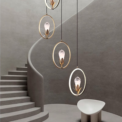 Modern Luxury Oval Copper Ring Crystal Stone LED Pendant Light For Living Room