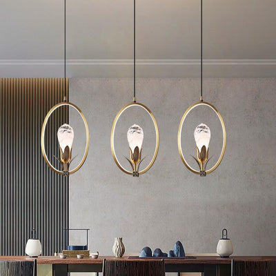 Modern Luxury Oval Copper Ring Crystal Stone LED Pendant Light For Living Room