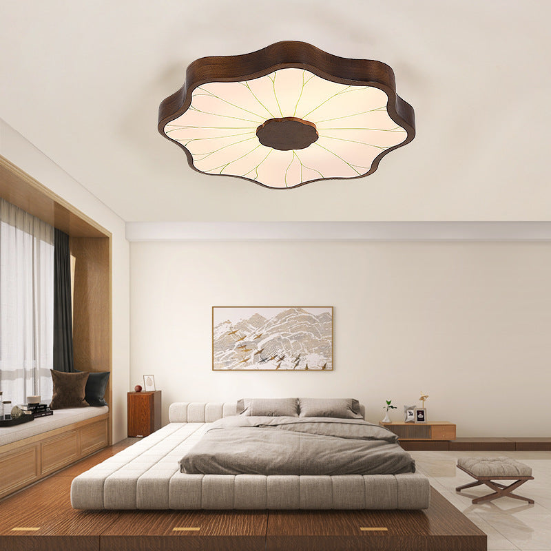 Contemporary Creative Iron Imitation Wood Grain Lotus LED Flush Mount Ceiling Light For Bedroom