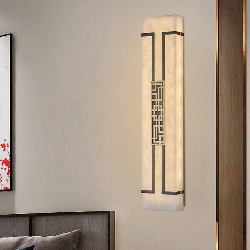 Traditional Chinese Copper Frame Marble Shade Rectangle LED Wall Sconce Lamp For Living Room