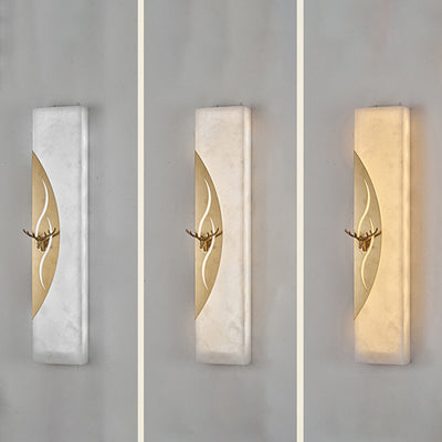 Traditional Chinese Copper Frame Marble Shade Rectangle LED Wall Sconce Lamp For Living Room