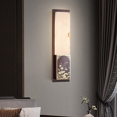 Traditional Chinese Bamboo Magpie Pattern Marble Shade Brass LED Waterproof Wall Sconce Lamp For Hallway