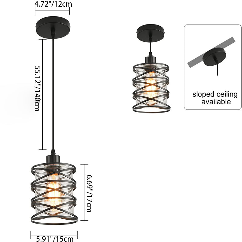 Contemporary Industrial Cylinder Iron Glass 1-Light Pendant Light For Dining Room