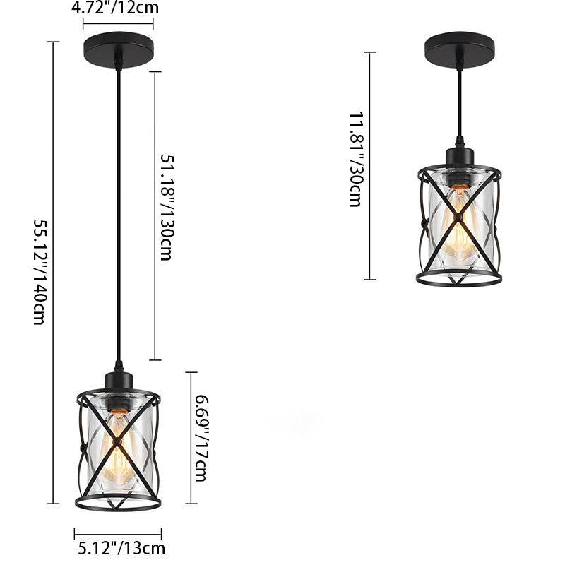 Contemporary Industrial Cylinder Iron Glass 1-Light Pendant Light For Dining Room