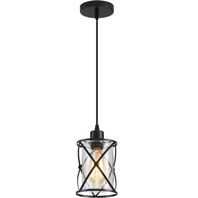 Contemporary Industrial Cylinder Iron Glass 1-Light Pendant Light For Dining Room